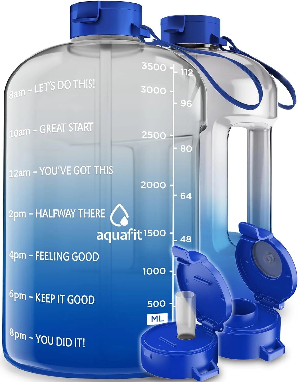 - Water Bottle with Straw - Motivational Big Water Bottle with Time Marker - 1 Gallon, Blue Fade