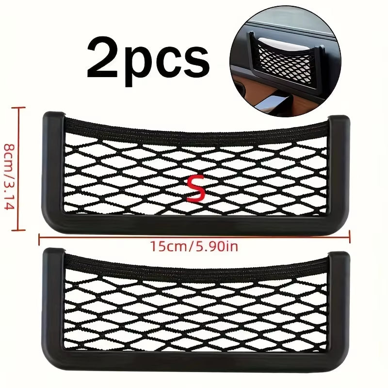 2PCS Large Capacity Universal Car Organizer Storage Bags - Auto Paste Net Pocket Phone Holder, Wallet, and Keys Organizer with D