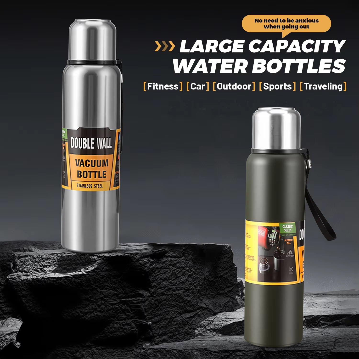 1PCS 50 Oz Water Bottle with Lid, Double Vacuum Insulated Water Bottle with Carry Rope, Car Travel Large Water Bottle