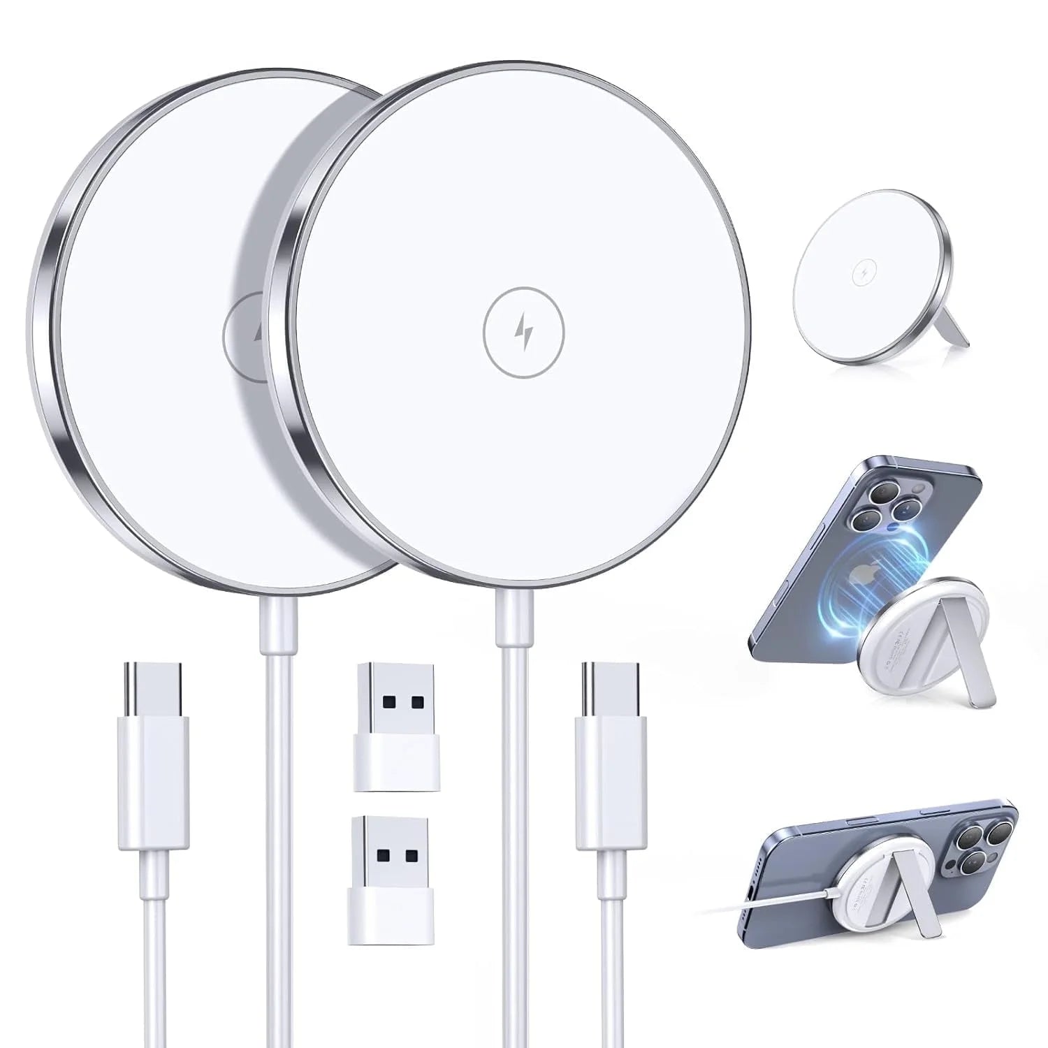 2 Pack Magnetic Wireless Charger 15W Fast Mag-Safe Charger Stand ， White Portable Mag Safe Kickstand