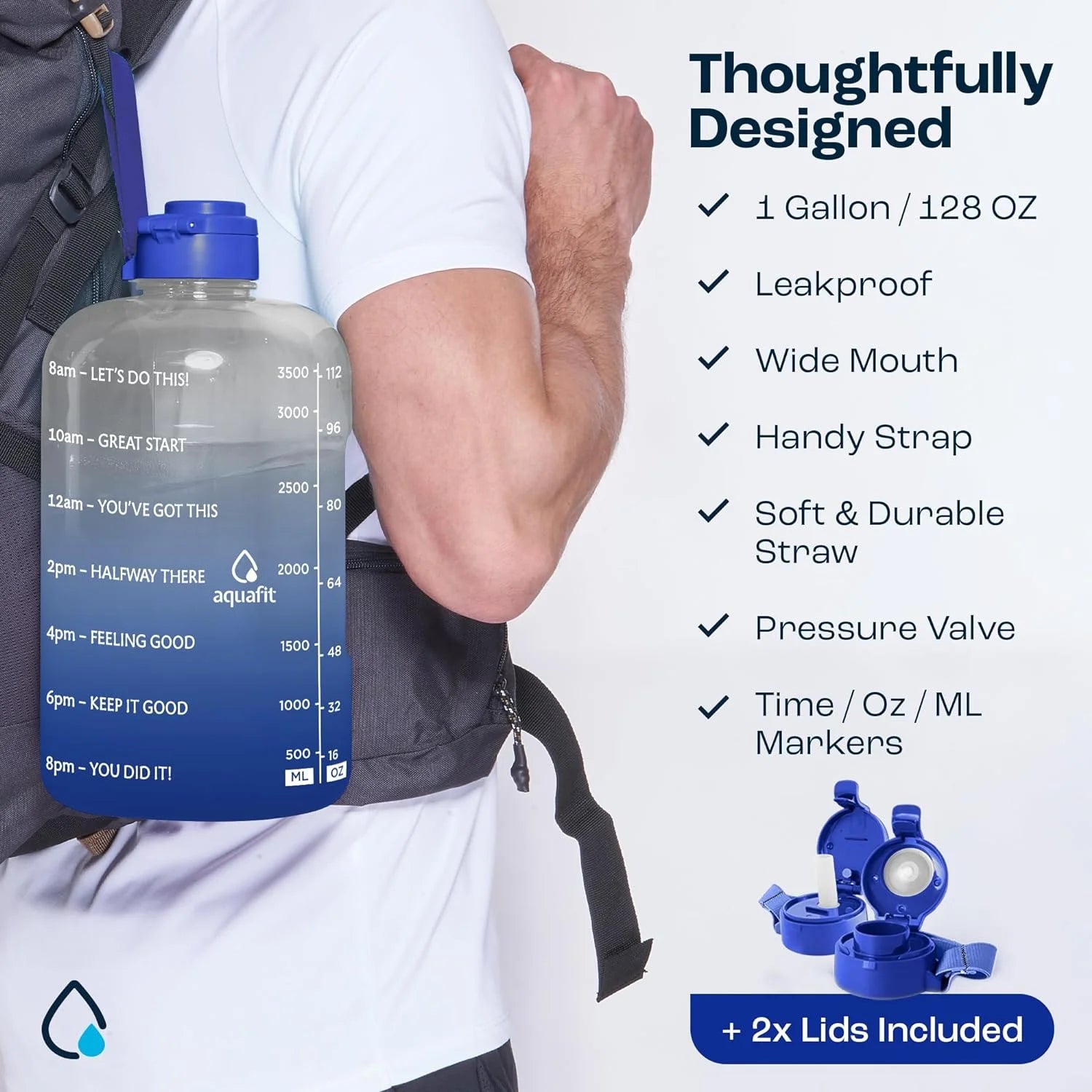 - Water Bottle with Straw - Motivational Big Water Bottle with Time Marker - 1 Gallon, Blue Fade