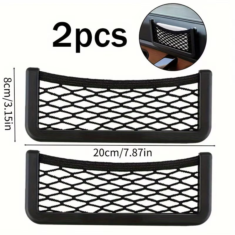 2PCS Large Capacity Universal Car Organizer Storage Bags - Auto Paste Net Pocket Phone Holder, Wallet, and Keys Organizer with D